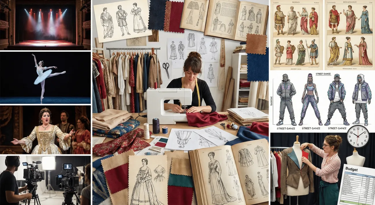 Collage illustrant la formation de costumier à l’Atelier Chardon Savard : de la recherche historique et du modélisme en atelier à la création de costumes pour le théâtre, le cinéma et l’opéra